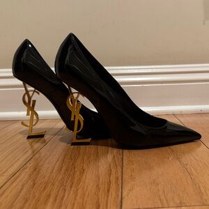 Saint Laurent Black Patent Pumps with Gold YSL Logo Heel